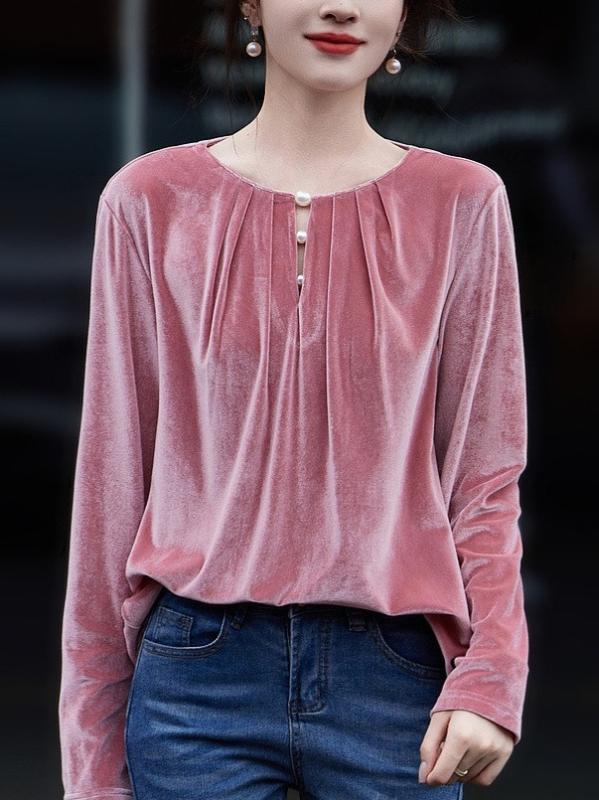 Tシャツ レディース 秋冬 マット ベルベット トップス パール パフスリーブ 無地 エレガント 体型カバー ポリエステル きれいめ 通勤 オフィス 長袖 カットソー