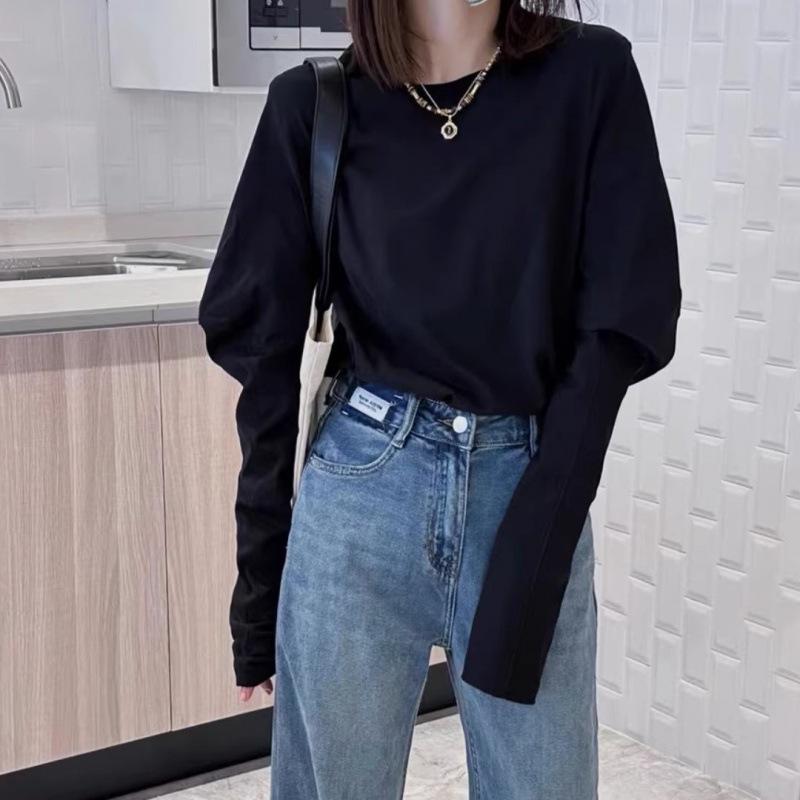 Tシャツ レディース 長袖 春 ファッション デザイン 羊 羊毛 パフスリーブ 丸首 トップス 無地 ゆったり ブラック ホワイト ポリエステル