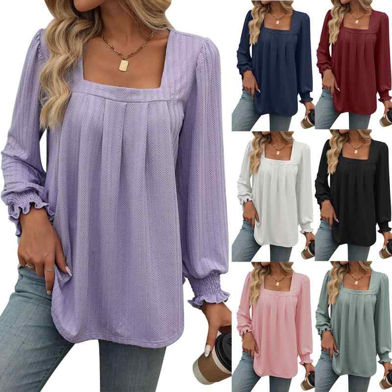 Tシャツ レディース 秋冬 長袖 パフスリーブ スクエアネック ギャザー ゆったり ブラック ピンク系 ホワイト カジュアル 普段使い デート