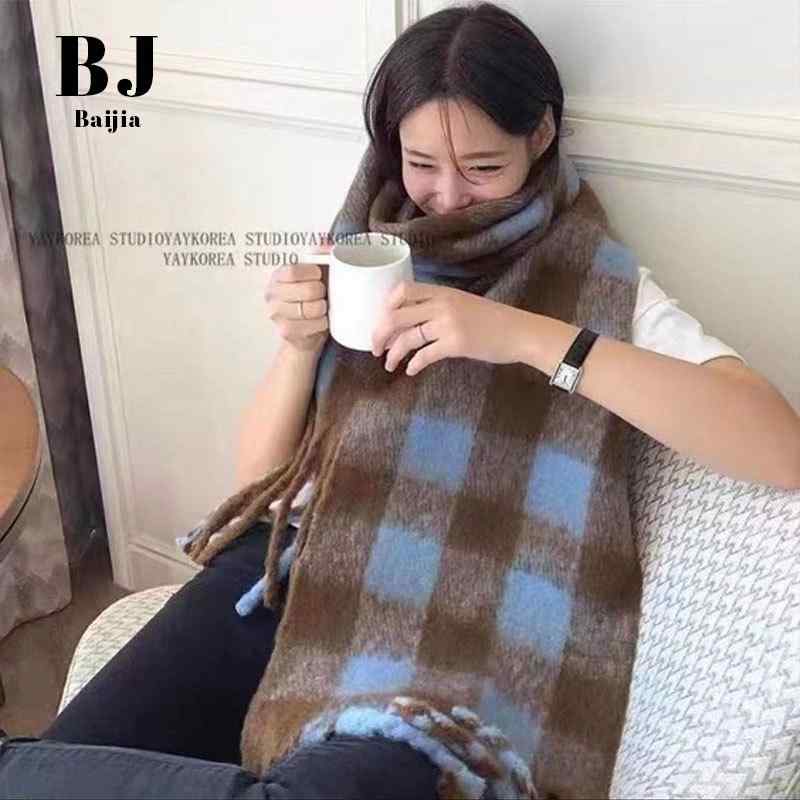 マフラー レディース 秋冬 仿羊绒 ストール 厚手 ショール モヘア 襟巻き 格子柄 ブルー ピンク系 ブラック ポリエステル 保温2