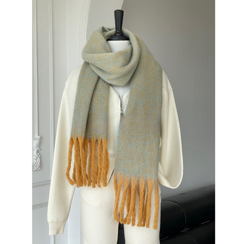 マフラー ストール レディース 秋冬 韓国風 かわいい 厚手 ロング丈 バイカラー 配色 フリンジ ショール 暖かい ポリエステル モヘア ふわふわ 通勤 通学 旅行 プレゼント ギフト