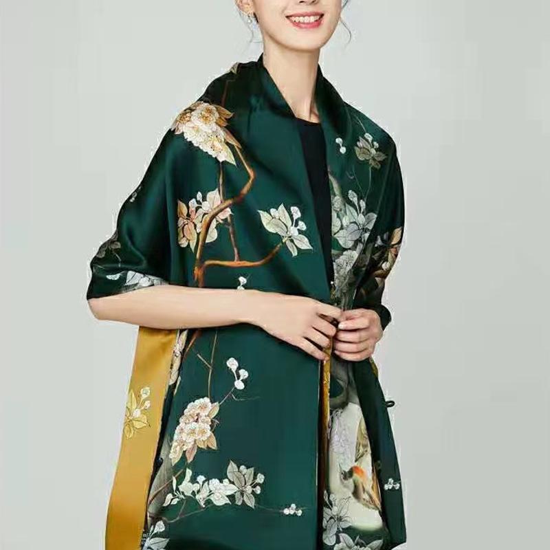 ショール レディース 女性用 桑蚕糸 シルク スカーフ ストール アウター 絹 100% 秋冬 花柄 175cm×53cm ギフト プレゼント 贈り物 旅行 お洒落 おしゃれ エレガント レトロ 上品 きれいめ かわいい