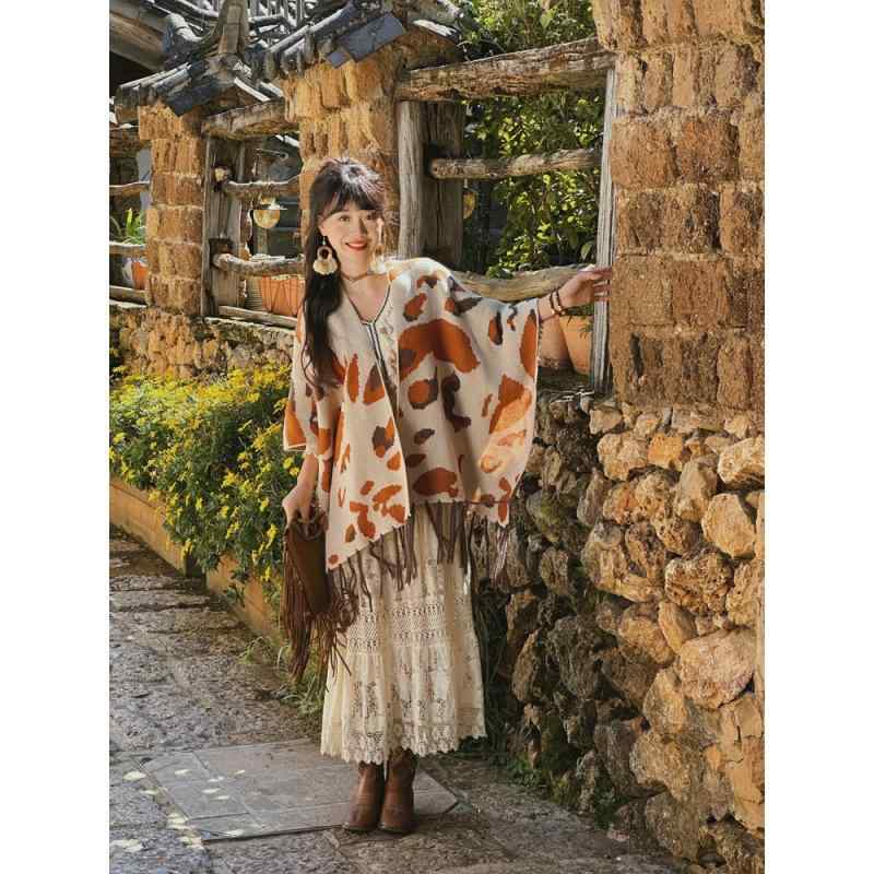 ショール 秋冬 レトロ リゾート 旅行 フリンジ ニット ボヘミアン ポンチョ アウター ポリエステル繊維