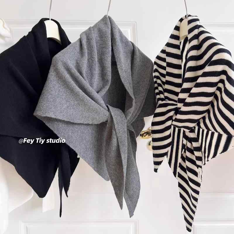 ストール レディース 秋冬 ウール 大判 三角巾 ニット マフラー ショール グレー 黒 白 ブラック あったか 暖かい 防寒 保温