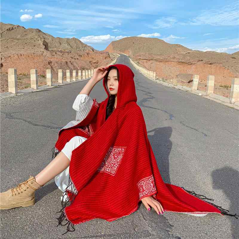 ストール レディース 秋冬 ケープ ポンチョ マフラー 大判 ショール 厚手 ウールタッチ 民族風 フード付き 無地 旅行 ブランケット ひざ掛け 肩掛け 防寒 冷房対策 あったか グレージュ 赤
