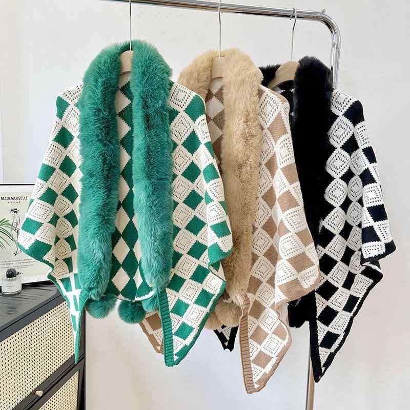 ストール レディース 春秋 薄手 ニット ショール カーディガン アウター ケープ ポンチョ ひざ掛け 菱形格子柄 あったか エレガント かわいい 冷房対策 羽織り物 緑 カーキ ブラック