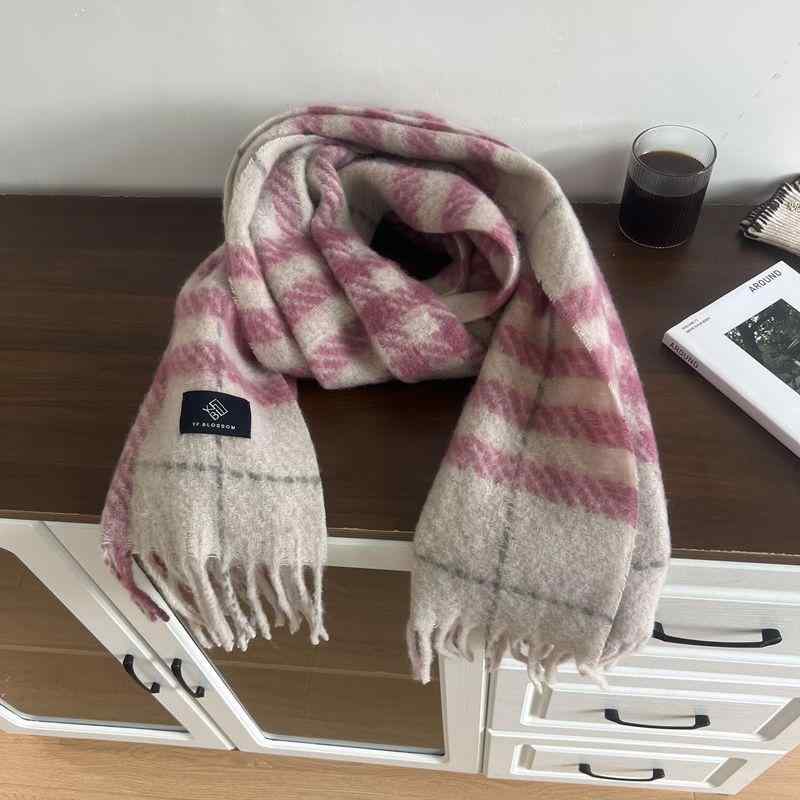 マフラー レディース 秋冬 厚手 保温 チェック柄 モヘア ウールタッチ 大判 ストール ショール ひざ掛け 防寒 あったか おしゃれ かわいい ガーリー フェミニン ピンク系 ベージュ