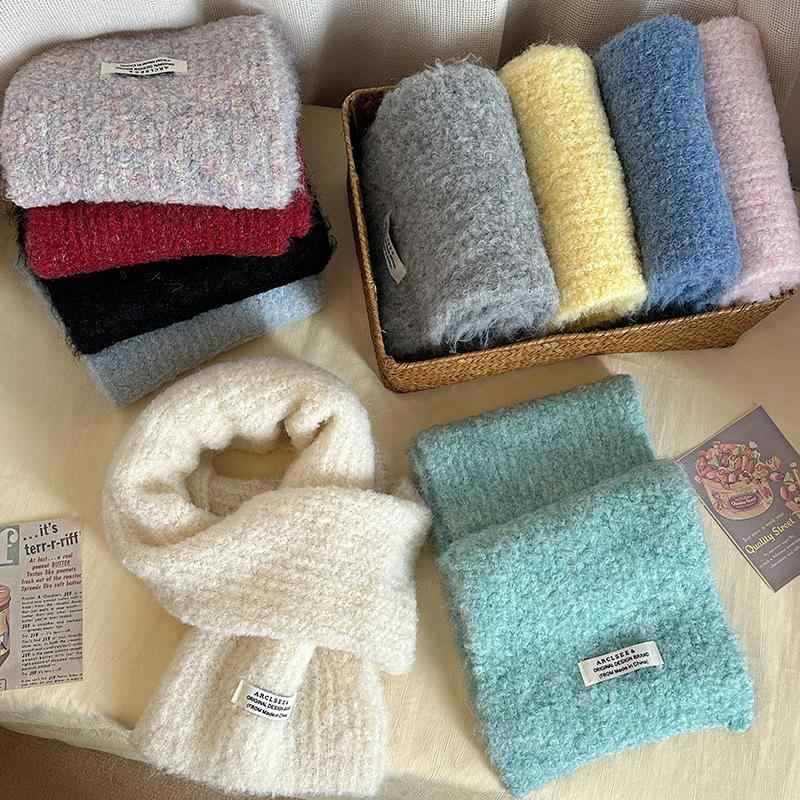 マフラー レディース 秋冬 羊毛 ニット 保温 防寒 米白 ワインレッド 花紫色 ブラック グレー ピンク ..