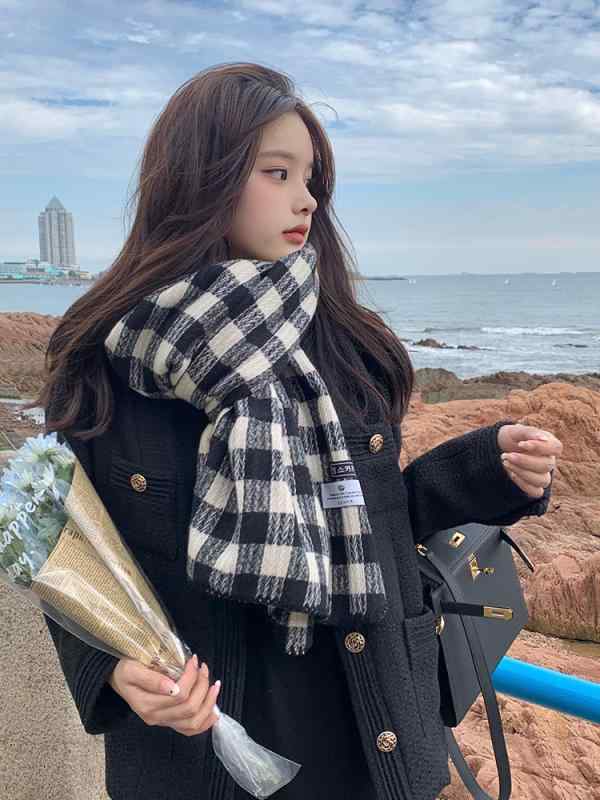 マフラー レディース 秋冬 韓国 学生 防寒具 カップル チェック柄 ショール ストール 百搭 カジュアル 通勤 暖かい アクリル 紺色 ピンク系 黒白 抹茶色