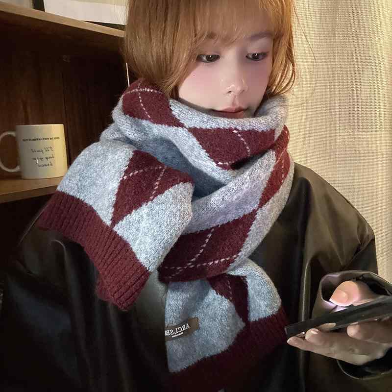マフラー レディース メンズ 秋冬 菱形 格子柄 あったか 防寒 学生 ペアマフラー やわらか タッチ 赤 グレー ネイビー 通勤 通学