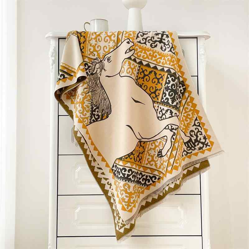 マフラー レディース 秋冬 仿羊绒 ショール 欧美 豪華感 防風 ネックウォーマー ストール 大判 厚手 暖かい ひざ掛け 馬柄 赤 米色