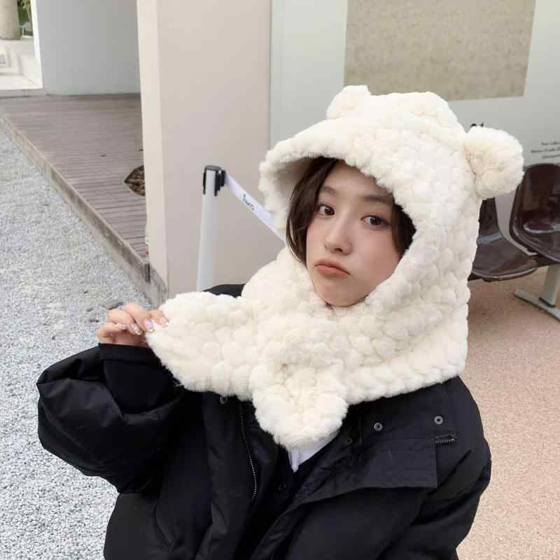 帽子 レディース 秋冬 付け襟 一体型 フェイクファー あったか 防寒 かわいい 無地 ピンク系