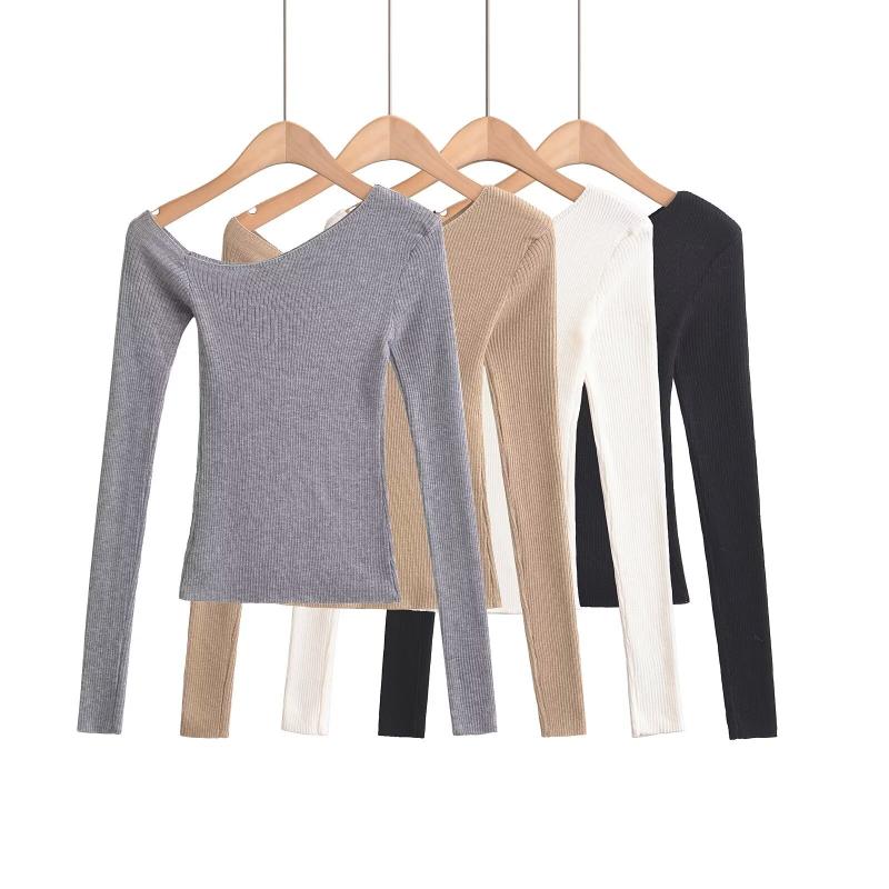 ニット・セーター レディース 長袖 斜めがけ 肩出し ポリエステル ウール混紡 無地 プルオーバー スリ..