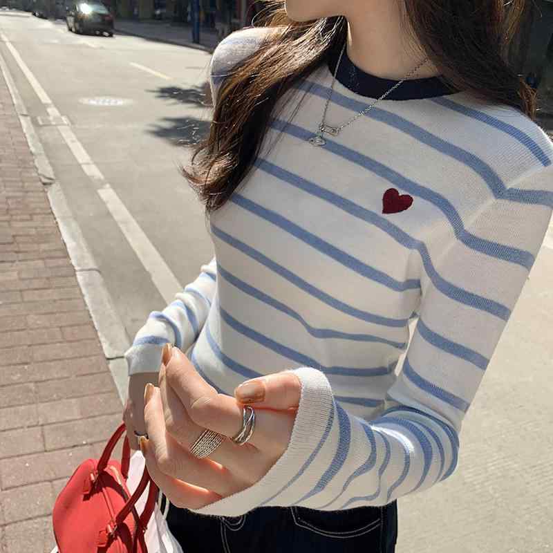 ニット レディース 秋冬 条纹柄 ウール トップス 通勤 スリムフィット 配色 リブニット 長袖 プルオーバー ラウンドネック おしゃれ かわいい 上品 婦人(4)
