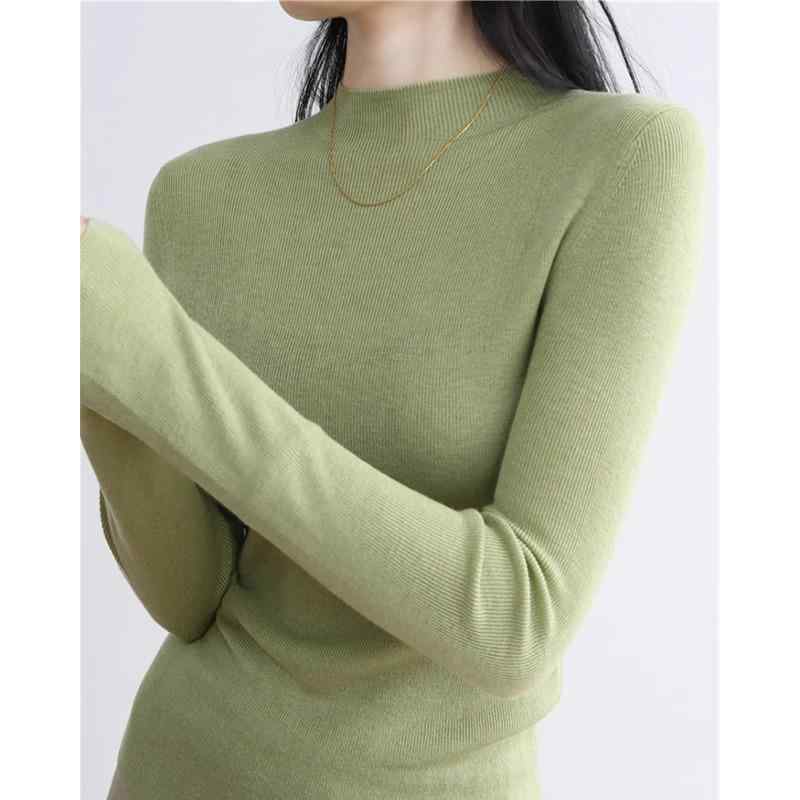 ニット レディース 秋冬 ハーフネック ウール トップス 伸縮性 あったか スリム インナー 牛油果グリー..