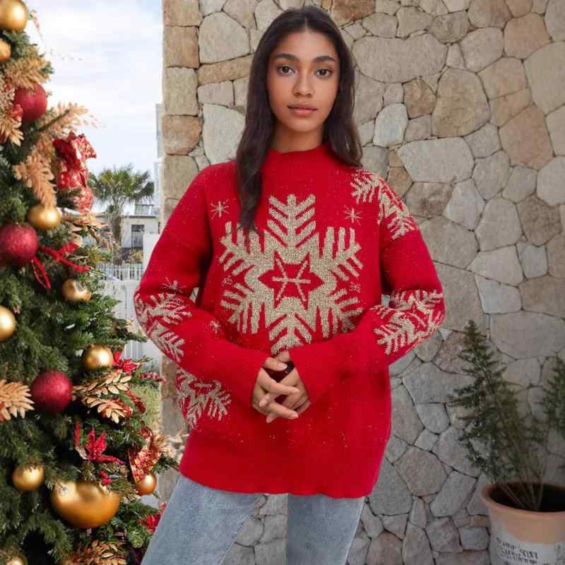 ニット レディース 秋冬 雪柄 セーター ハーフネック プルオーバー ゆったり 暖か ウール混紡 トップス..