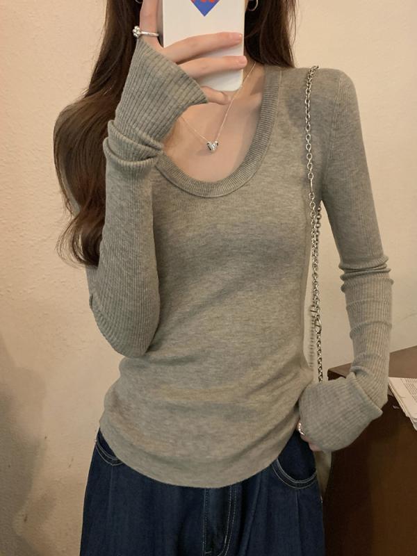 ニット レディース 秋冬 Uネック 韓国 インナー ウール トップス 長袖 プルオーバー 花杏色 グリーン ..