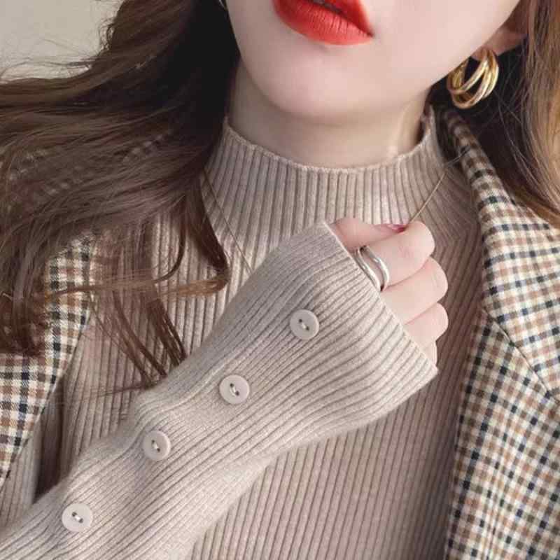 ニット レディース ハイネック トップス 秋冬 プルオーバー カットソー ポリエステル 伸縮性 無地 ブラ..