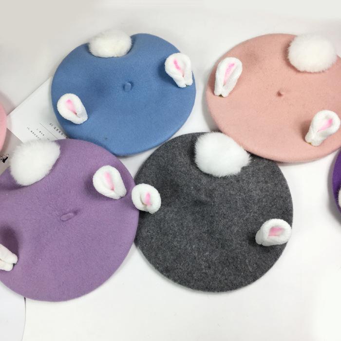 ベレー帽 レディース 秋冬 ウール 暖かい かわいい 兎耳付き 画家帽子 深灰 ピンク系 ブルー 薄紫 キャ..
