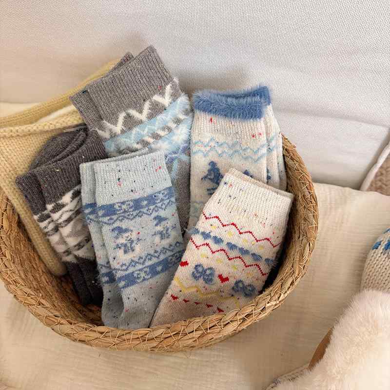 靴下 レディース 婦人 中筒 ウール混 秋冬 白 青 ブルー系 雪柄 スノーフレーク かわいい あったか 防寒 冷え対策2