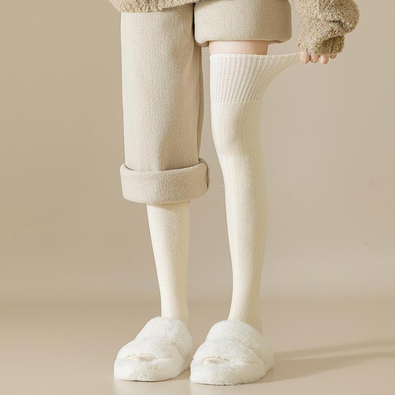 靴下 レディース 秋冬 ウール混 裏起毛 無地 オーバーニーソックス 美脚効果 暖かい 冷え対策 日系 かわいい ガーリー カジュアル