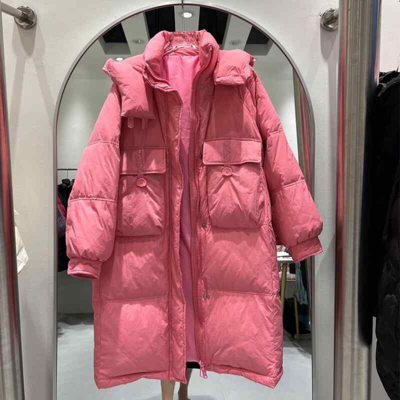 ダウンジャケット レディース ミドル丈 ひざ丈 フード付き ゆったり 厚手 アウター 冬物 米白 ブラック ピンク系 レッド カフェ色 紫色 黄色 ポリエステル 通勤2(4)