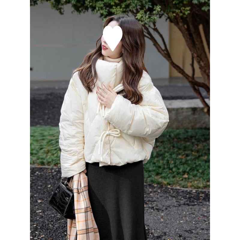 ダウンジャケット レディース 白 ショート丈 スタンドカラー 中華風 飾りボタン 厚手 防寒 アウター 冬 ポリエステル 無地 S M L XL