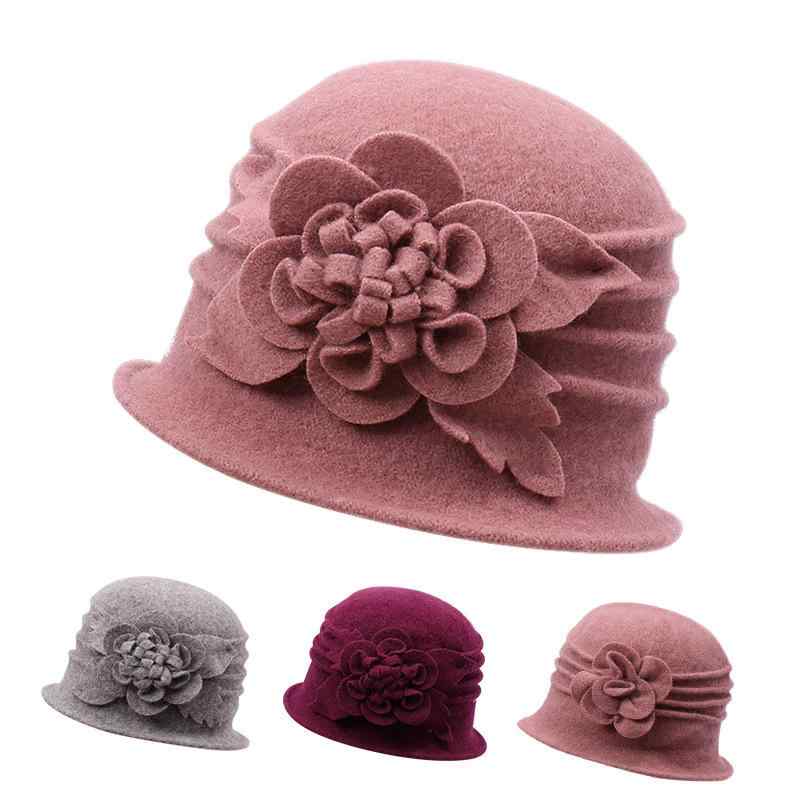 帽子 レディース 秋冬 防寒 ウール 大つば ミセス シニア ハット クローバー 花柄 暖かい あったか 日よけ おしゃれ ブラック ピンク系 グレー ベージュ