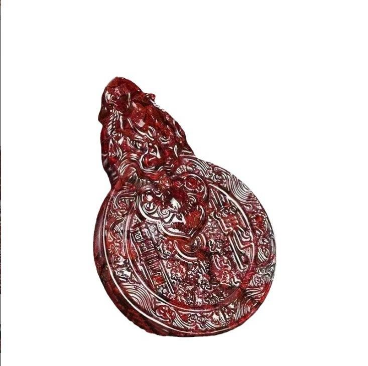 ネックレス レディース メンズ 石 貔貅 山鬼花銭 飾り 本命年 お守り ペンダント アクセサリー レッド ブラウン 文芸風 レトロ(4)