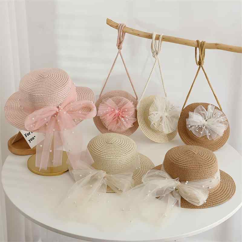 麦わら帽子 子供用 帽子 バッグ セット 春夏 女の子 プリンセス 日焼け止め かわいい ビーチ ハット 遮光 通気性 ベージュ ピンク系