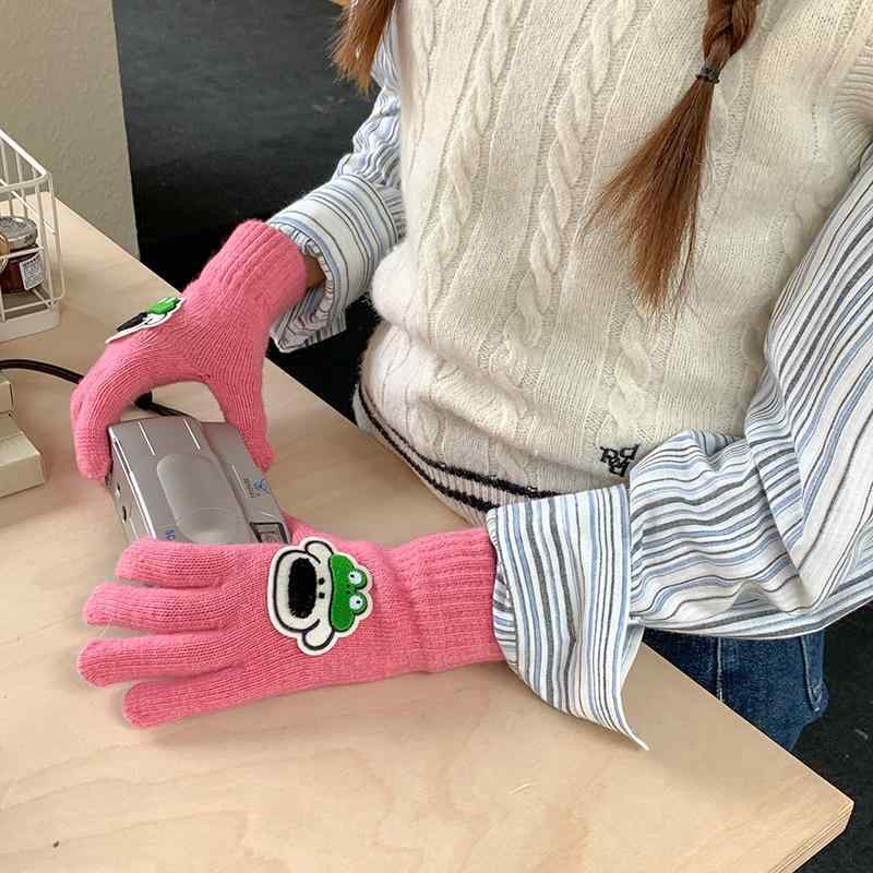 手袋 レディース 秋冬用 防寒 グローブ スマートフォン対応 ニット 手袋 カエル 犬 かわいい ピンク系 ..