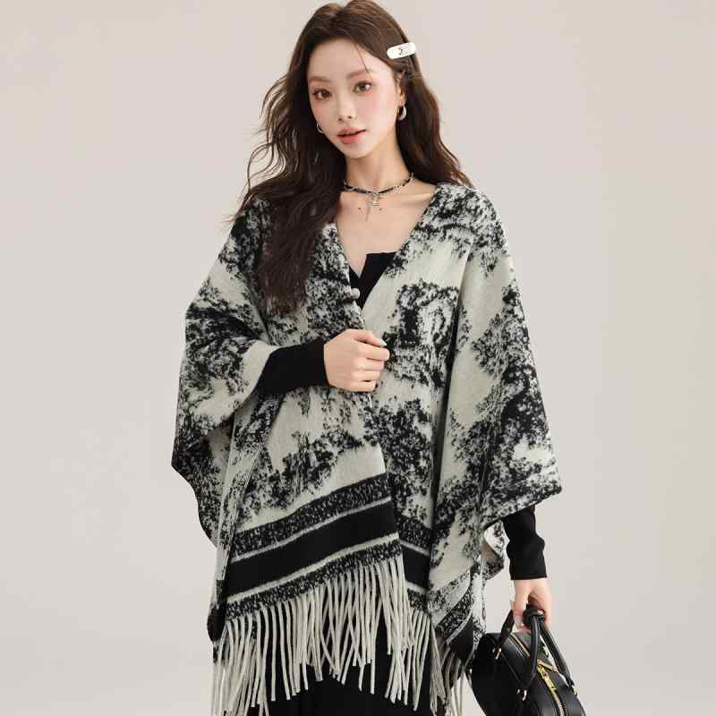 2ショール ストール レディース 秋冬 大判 水墨画風 リバーシブル 高級感 フリンジ付き ケープ ポンチョ 羽織り 膝掛け 防寒 冷房対策 ポリエステル