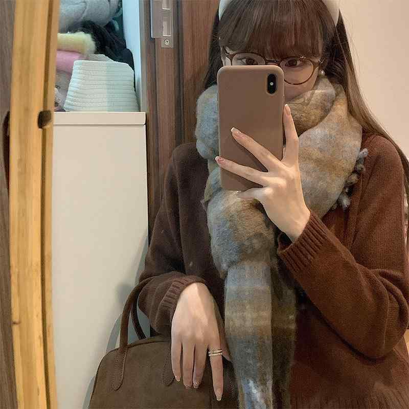 マフラー 秋冬 男女兼用 ウール混 格子柄 防寒 保温 ショール ストール 35x200cm イエロー 紺色 カジュアル 普段使い(4)