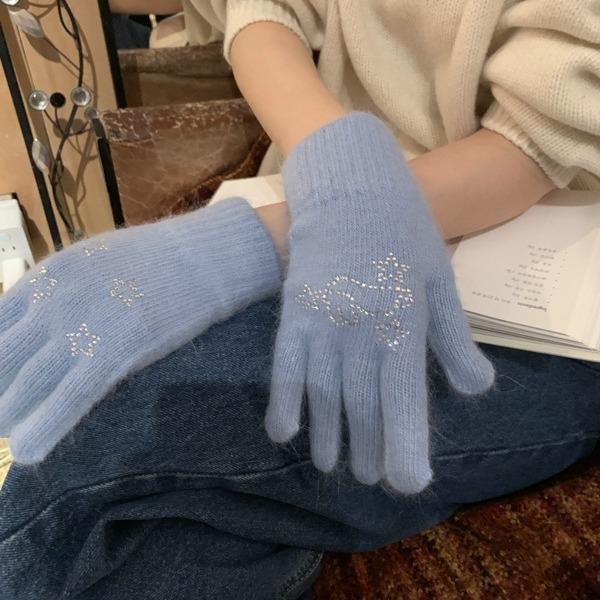 手袋 レディース ニット手袋 スマートフォン対応 秋冬 防寒 保温性 快適 暖かい ウサギ ラインストーン..