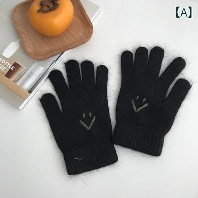 手袋 レディース 秋冬 ラビットファー ニット 分指 スマイル かわいい 暖かい 防寒 バイク 自転車 ブラ..