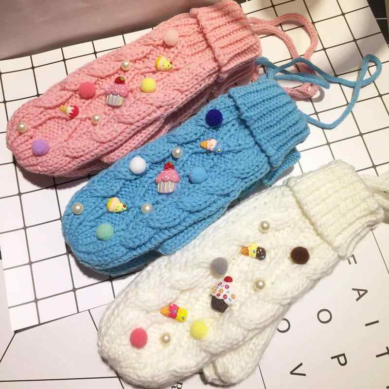 手袋 レディース 秋冬 かわいい アイスクリーム モチーフ ミトン 紐付き 厚手 保温 ブルー ホワイト ピ..