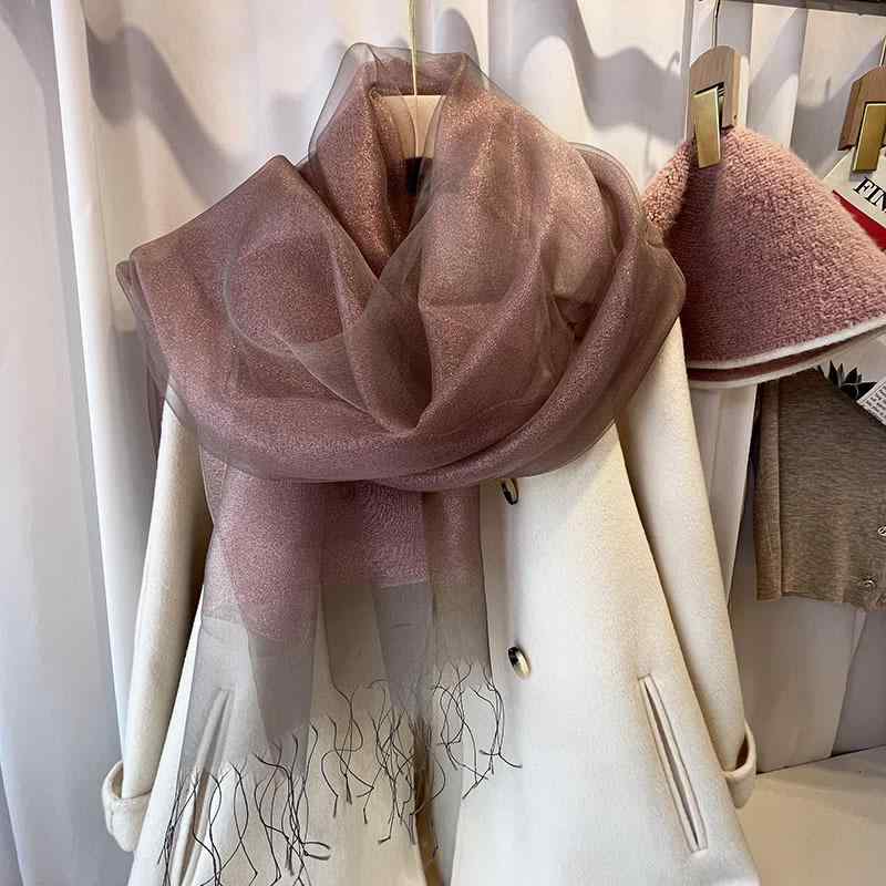 スカーフ ショール 春夏 シルク パーティー ドレス 日焼け止め 金糸 タッセル オーガンジー ストール 結婚式 フォーマル 紫 ワインレッド ベージュ(4)