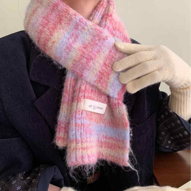 マフラー レディース メンズ 秋冬物 韓国風 グラデーション カラフル ニット ウール 混紡 防寒 ストール ネックウォーマー ピンク系 かわいい 学院風 デート 旅行 通勤 通学