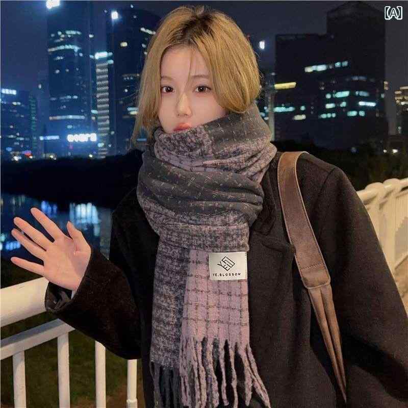 マフラー ストール レディース 秋冬 かわいい 韓国風 チェック柄 高級感 暖か 保温 仿羊绒 ショール 防寒 パープル 紺色 黒色