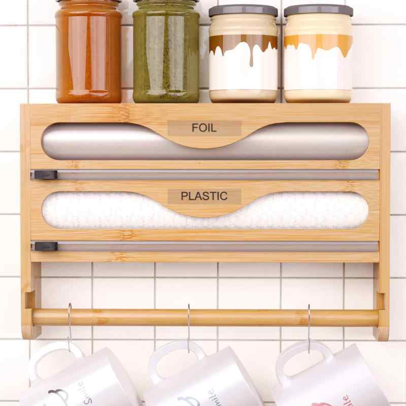 キッチン収納ケース 壁掛け式 ラップカッター 竹製 2段 3段 アルミホイルケース シンプル マグネット式