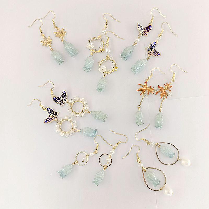 イヤリング レディース 真珠 花柄 金魚 楓 蝶 蜜蜂 ドロップ シルバー925 中国風 レトロ