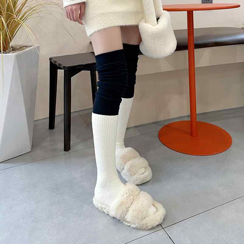 靴下 レディース 大腿 ニーハイソックス 秋冬 厚手 裏起毛 配色 切り替え あったか 冷え対策 ミドル丈 カジュアル2