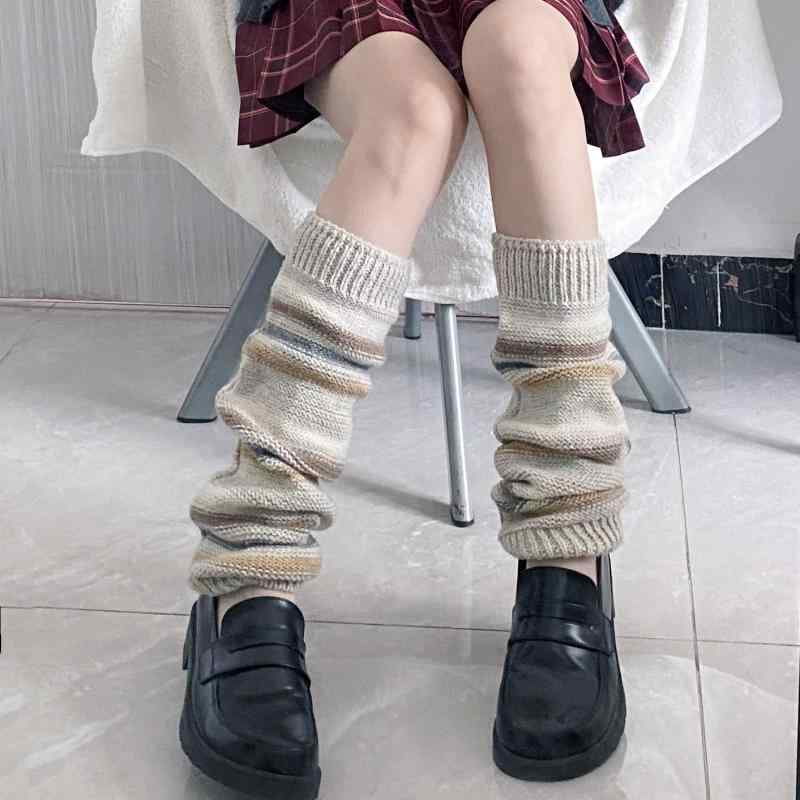 靴下 レディース 秋冬 ライン リブ編み ソックス 暖かい ニット レッグウォーマー2