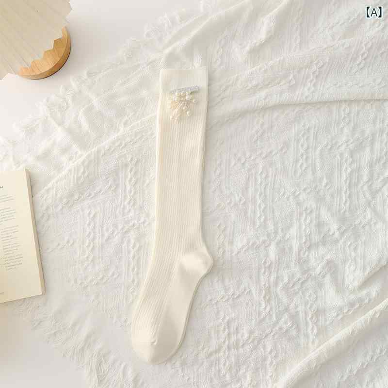 靴下 レディース 春夏 パール 飾り付き コットン混紡 中筒丈 吸汗 防臭 トレンド ファッション カジュ..