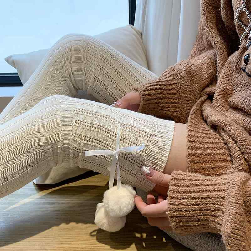 靴下 レディース 高筒ソックス ニーハイソックス オーバーニーソックス ケーブル編み 毛玉付き コット..