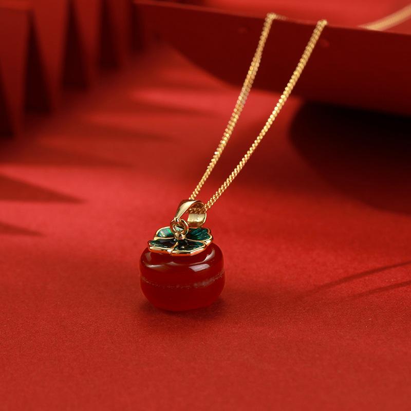 ネックレス レディース S925 シルバー レッド瑪瑙 カキ ペンダント 柿 縁起物 鎖骨チェーン アクセサリ..