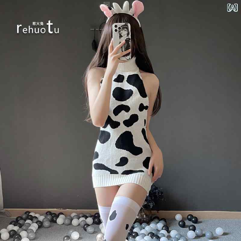 ニット レディース かわいい 牛柄 高品質 アクリル セーター 長袖 トップス 秋冬 暖かい セクシー 背中..