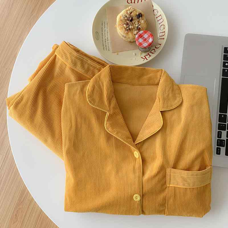 パジャマ レディース 秋冬 ランニング コーデュロイ 厚手 長袖 長ズボン 保温性 外出可能 ルームウェア 上下セット 女性 婦人 部屋着 寝巻き リラックスウェア 快適 暖かい 日系 襟付き M L XL XXL ポリエステル