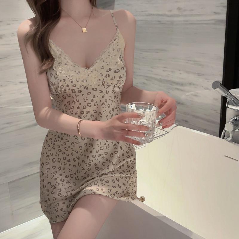 ワンピース レディース 春夏 ヒョウ柄 レース Vネック 接触冷感 キャミソール パジャマ 部屋着 ポリエステル ピンク系 シャンパン M L XL XXL