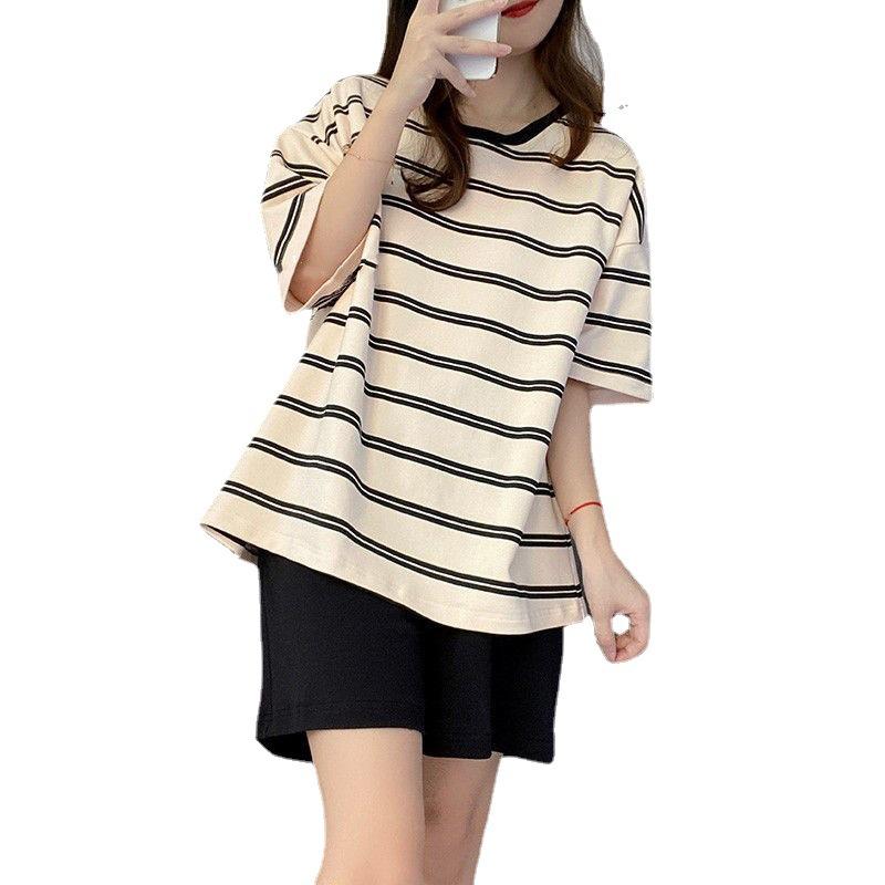 パジャマ レディース ルームウェア 上下セット 接触冷感 ストライプ 半袖 短パン 胸パッド付き 部屋着 寝間着 リラックス ゆったり 快適 婦人 薄手 春夏2